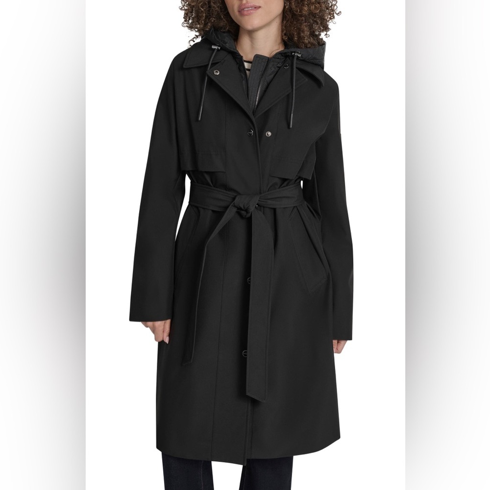 DKNY Womens Black Bibbed Belted Softshell Hooded Trench Coat Jacket NEW Sz L